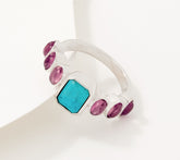 Generation Gems Sterling Silver Ring Emerald-Cut Turquoise & Oval Pink Cabochon, Size 7